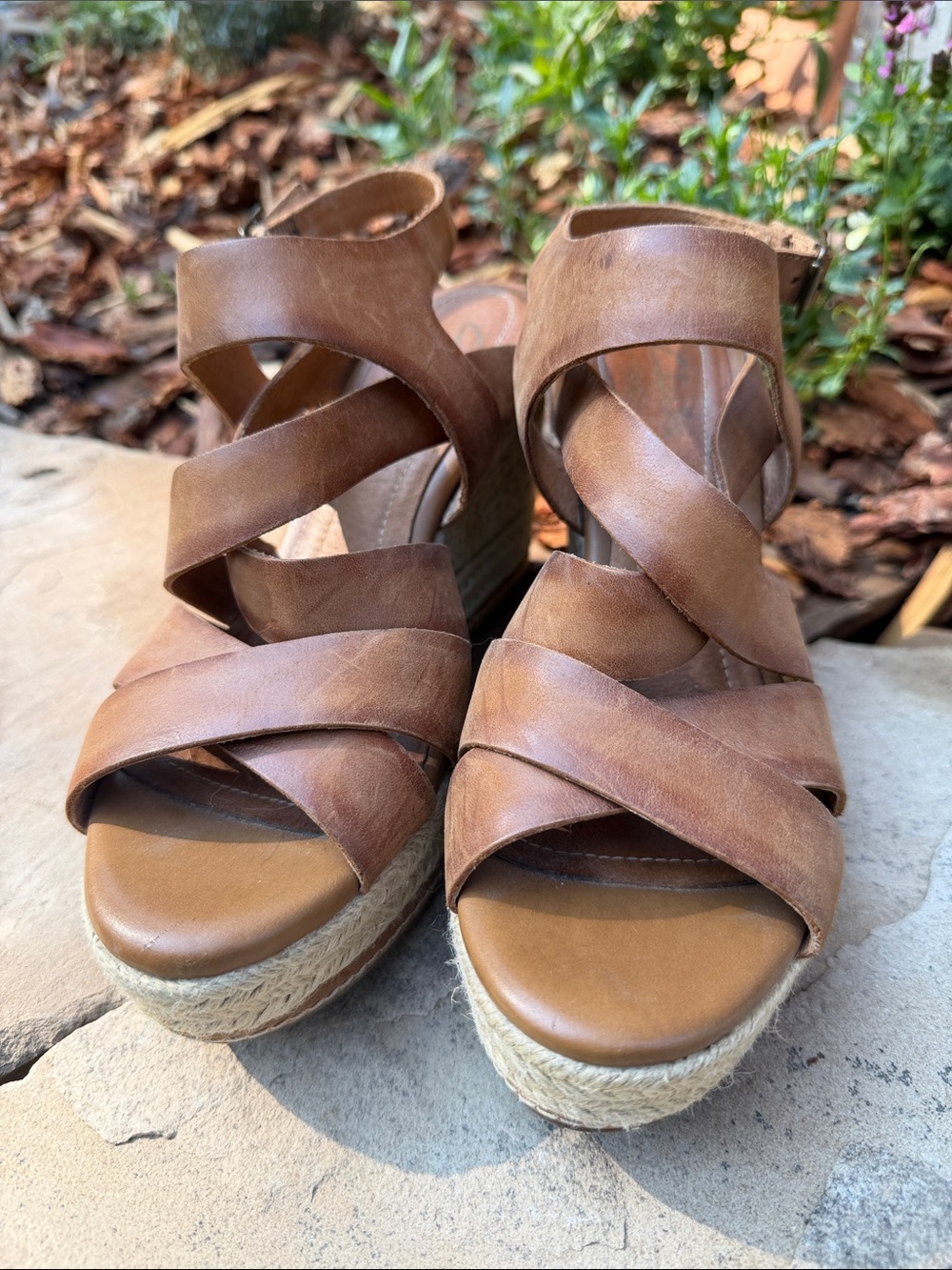 Clarks Tan Brown Crisscross Leather Wedge Sandals